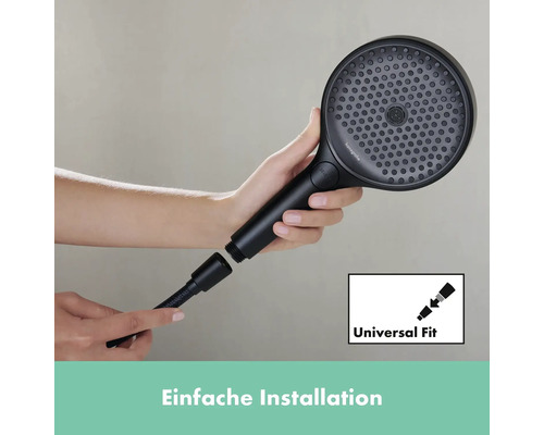 Handbrause mit Brauseschlauch und Symbol für universelle Passform