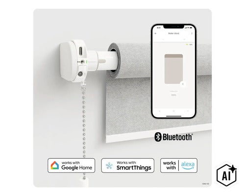 Smarter Rollomotor zur Nachrüstung für Kettenzugrollos, steuerbar per Smartphone App, kompatibel mit Google Home, Samsung SmartThings und Alexa. (Image AI modified or generated)