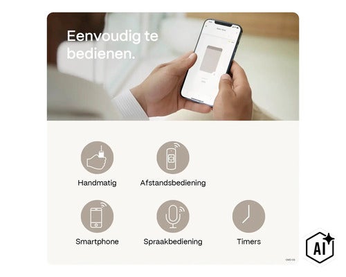 Eine Person bedient ein Rollo über eine Smartphone App sowie weitere Steuerungsoptionen wie Fernbedienung, Sprache und Zeitschaltuhr. (Image AI modified or generated)