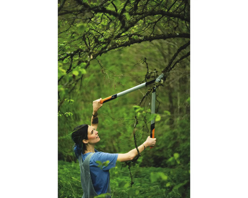 Femme coupant des branches avec un ébrancheur dans le jardin