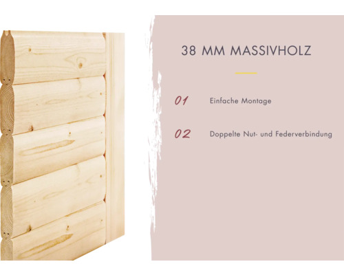 38 Millimeter Massivholz mit einfacher Montage und doppelter Nut- und Federverbindung