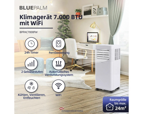 Mobiles Bluepalm Klimagerät 7.000 BTU mit WiFi in einem modern eingerichteten Raum.