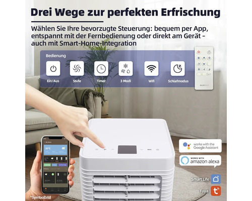 Mobile Klimaanlage mit verschiedenen Bedienoptionen: per App, Fernbedienung oder direkt am Gerät.