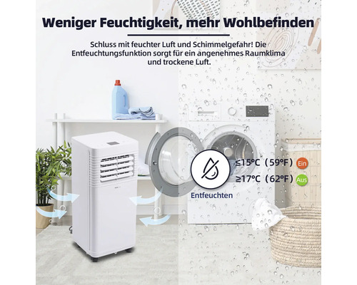 Szene mit einem Luftentfeuchter in einem Raum mit Waschmaschine und Wäschekorb.