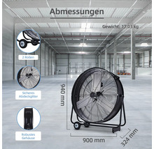 Image d''un ventilateur mobile avec les dimensions suivantes : 940 mm de hauteur, 900 mm de largeur et 324 mm de profondeur.