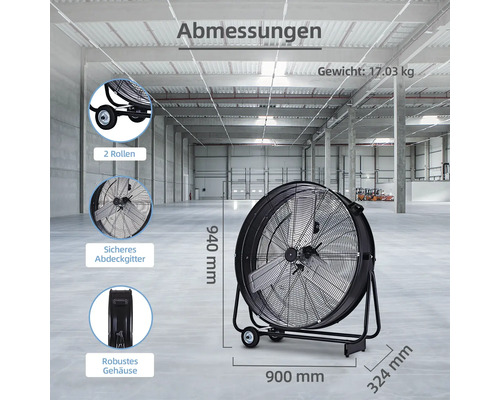 Image d''un ventilateur mobile avec les dimensions suivantes : 940 mm de hauteur, 900 mm de largeur et 324 mm de profondeur.