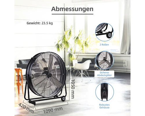 Schwarzer Bodenventilator mit Abmessungsangaben im Raum