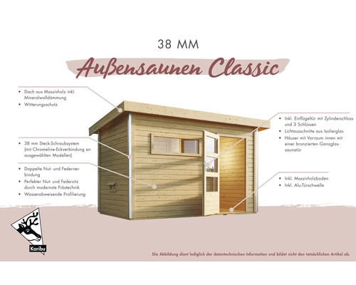 Außensauna Classic mit Massivholzdach, Mineralwolldämmung, Steckschraubsystem, Nut- und Federverbindung, einflügeliger Tür, Zylinderschloss und Isolierglas