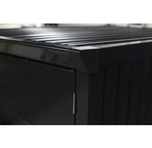 Detailansicht einer schwarzen Gartenbox mit Lamellendeckel und Tür