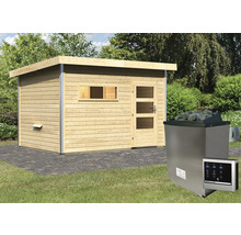 Sauna en bois avec poêle et commande à l''extérieur