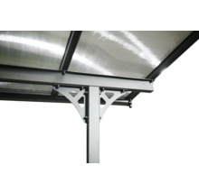 Vue détaillée d''un pavillon avec toit en polycarbonate et structure de support en métal