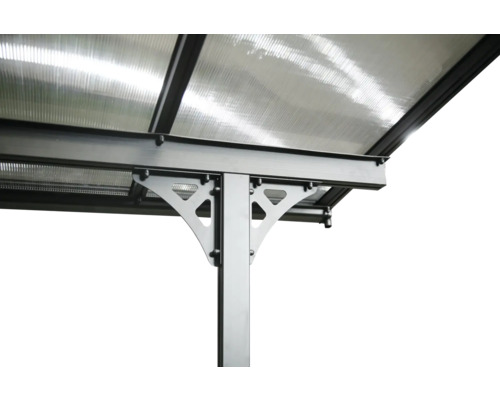 Vue détaillée d''un pavillon avec toit en polycarbonate et structure de support en métal