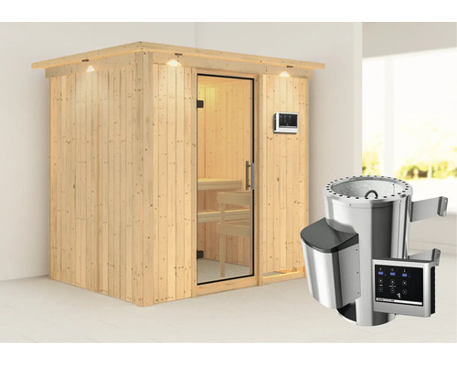Sauna en bois avec porte en verre et poêle de sauna