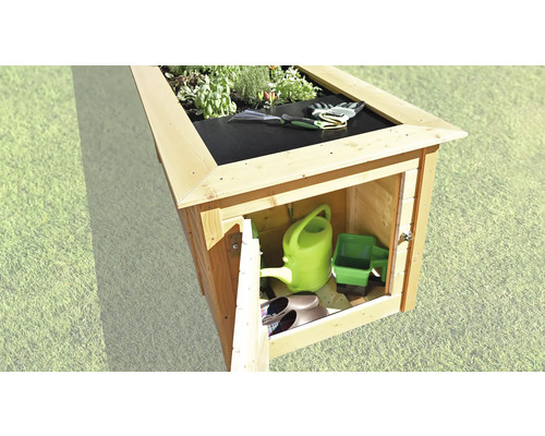 Jardinière surélevée en bois avec compartiment de rangement pour outils de jardin, arrosoir et chaussures