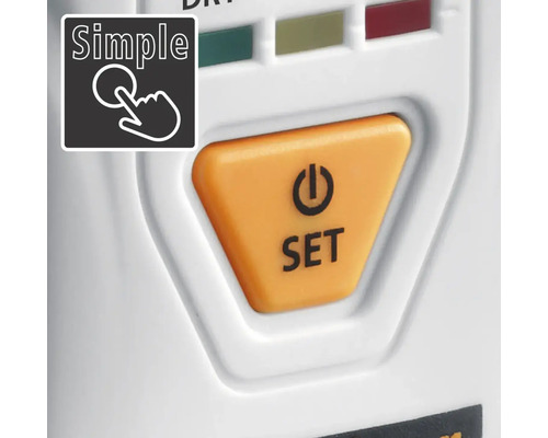 Vue détaillée d''un bouton de commande avec l''inscription Set et le symbole marche/arrêt