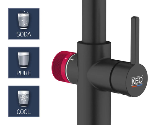 Robinet avec les options Soda, Pur et Frais ainsi que le logo Keo