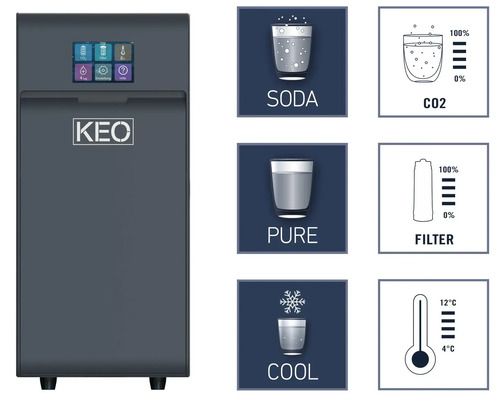 Distributeur d''eau avec fonctions soda, purification et refroidissement, et indicateurs pour CO2, filtre et température