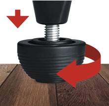 Pied de meuble réglable avec mise à niveau sur plancher en bois.