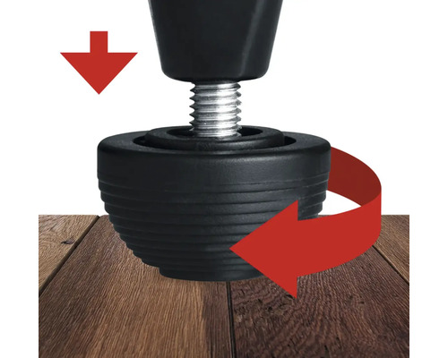 Pied de meuble réglable avec mise à niveau sur plancher en bois.