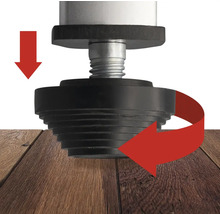 Pied de meuble réglable avec flèches pour ajustement sur plancher en bois