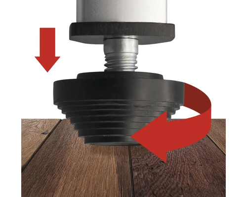 Pied de meuble réglable avec flèches pour ajustement sur plancher en bois