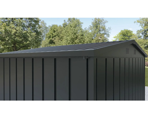 Gartenschuppen mit Lamellenstruktur und Metalldach