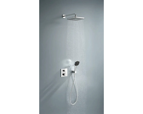 Douche avec pomme de tête, douchette à main et mitigeur thermostatique au mur