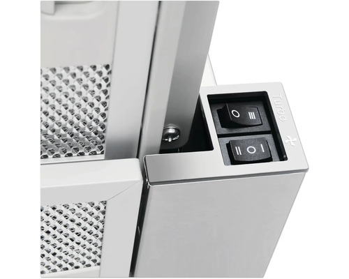 Gros plan d''une hotte aspirante avec interrupteurs et filtre métallique