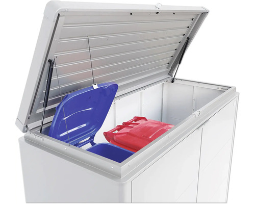 Geöffnete Mülltonnenbox mit blauen und roten Mülltonnen