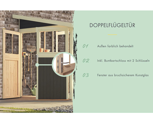 Porte à double battant avec surface laquée, serrure à panneton avec deux clés et fenêtre en verre synthétique incassable