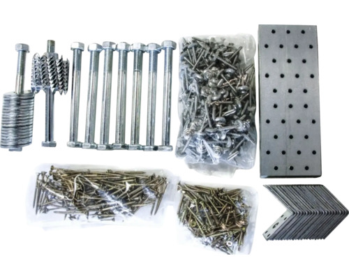 Assortiment de diverses vis, boulons, écrous, rondelles, équerres et plaques perforées