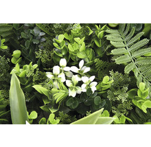 Künstliche Pflanzenwand mit Farn und weißen Blüten