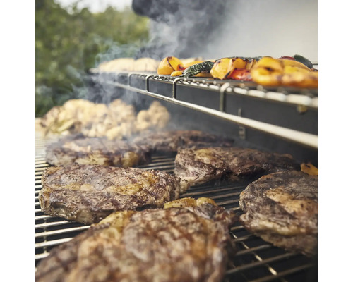 Grill avec steaks et légumes sur le gril