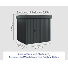 Abmessungen eines Geräteschuppens mit Flachdach.