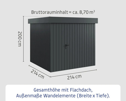 Abmessungen eines Gerätehauses mit Flachdach: 200 cm hoch, 214 cm breit und 214 cm tief. Das Bruttorauminhalt beträgt circa 8,70 Kubikmeter.