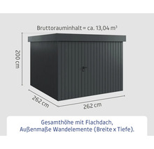 Abmessungen Gartenhaus mit Flachdach, Aussenmasse Wandelemente Breite 262 cm x Tiefe 262 cm, Gesamthöhe 200 cm, Bruttorauminhalt circa 13,04 Kubikmeter