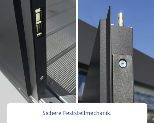 Detailaufnahme der sicheren Feststellmechanik eines Zaunelements.