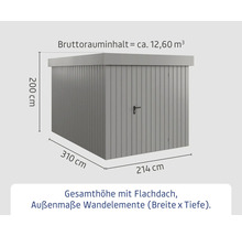 Abmessungen Gartenhaus mit Flachdach: 200 cm Höhe, 310 cm Breite, 214 cm Tiefe
