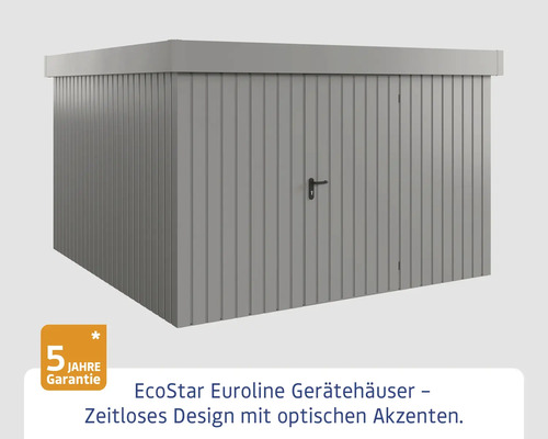 Graues EcoStar Euroline Gerätehaus mit Tür und fünf Jahren Garantie