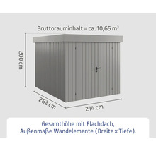Abmessungen eines Geräteschuppens mit Flachdach und einer Gesamthöhe von 200 cm