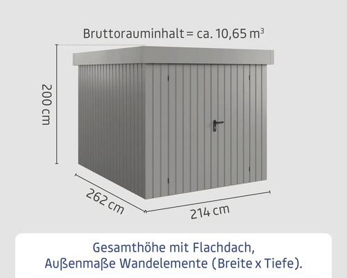 Abmessungen eines Geräteschuppens mit Flachdach und einer Gesamthöhe von 200 cm