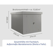 Geräteschuppen mit Flachdach, Gesamtbreite circa 310 Zentimeter, Tiefe circa 214 Zentimeter und Höhe circa 200 Zentimeter