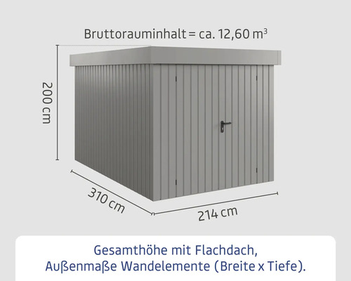 Geräteschuppen mit Flachdach, Gesamtbreite circa 310 Zentimeter, Tiefe circa 214 Zentimeter und Höhe circa 200 Zentimeter