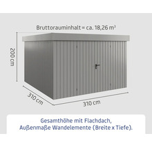 Abmessungen eines Geräteschuppens mit Flachdach und einer Bruttorauminhalt von circa 18,26 Kubikmeter