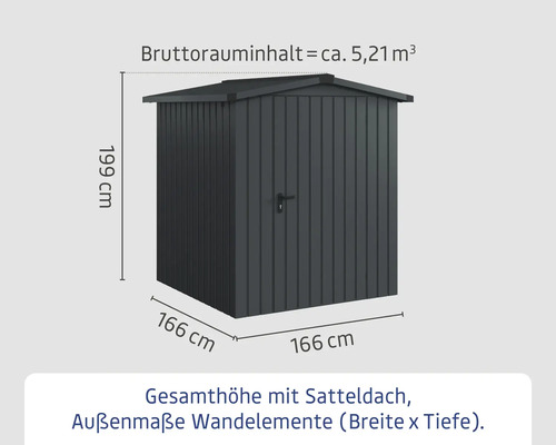 Abmessungen eines grauen Gerätehauses mit Satteldach und den Angaben Bruttorauminhalt circa 5,21 Kubikmeter, Höhe 199 Zentimeter, Breite und Tiefe je 166 Zentimeter