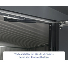 Türfeststeller mit Gasdruckfeder in einem Gerätehaus