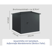 Abbildung eines Gerätehauses mit den Maßangaben 203 cm Höhe und 214 cm Breite und Tiefe
