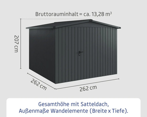 Gartenschrank mit Satteldach und den Maßen 262 x 262 x 207 cm