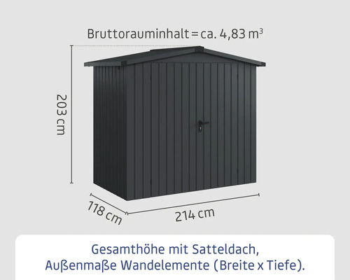 Abbildung eines Gerätehauses mit Satteldach und Maßangaben