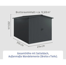 Abmessungen des Gerätehauses mit Satteldach und Außenmaße der Wandelemente.